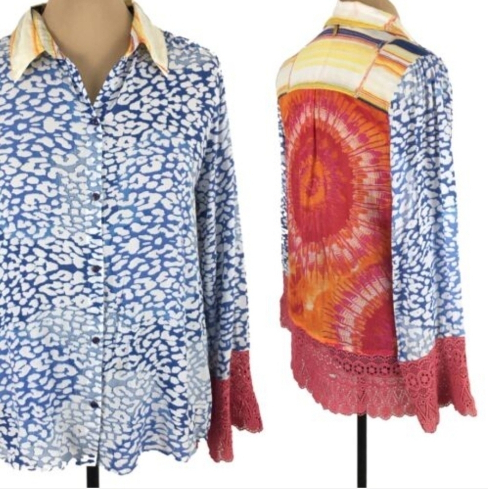 Ruby Yaya Woman's  Blouse  Leopard Blue Lace Tie Dye Shirt‎ top